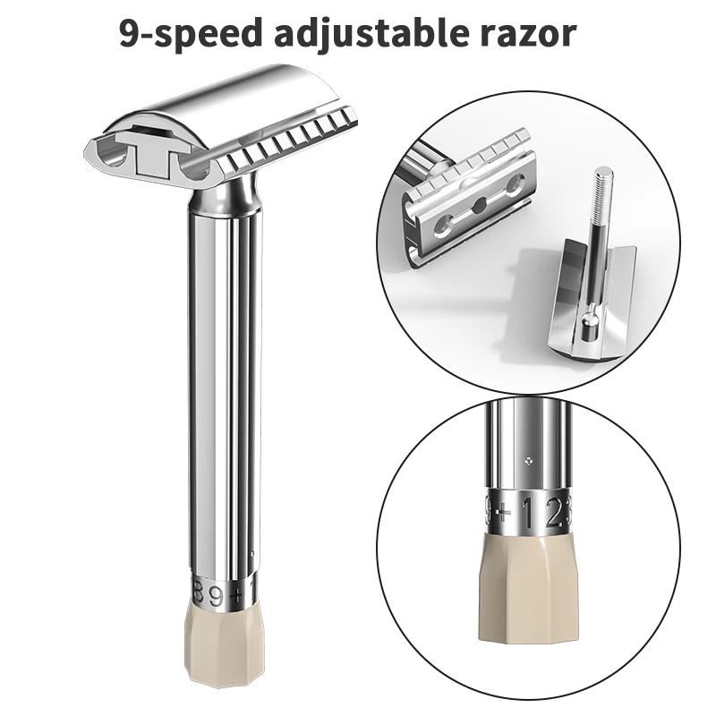 Minghi Safety Double Edge Razor 9-speed Adjustable Razors Classic Metal Tradision Design Shaver With 5 Blades