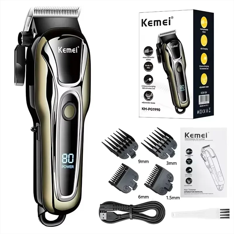 Kemei KM-PG1990A USB Rechargeable Electric Hair Clipper Professional Cordless Men Hair Trimmer Men's Hair Cutting Machine Barber