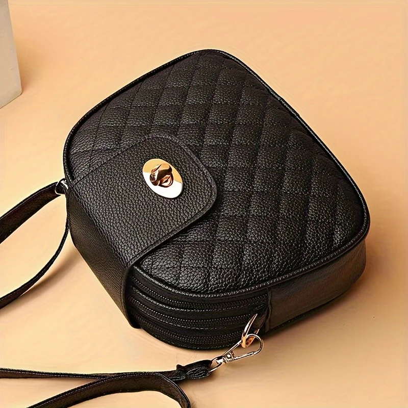 Small Quilted Crossbody Bag, Stylish PU Leather Shoulder Purse with Vintage Round Shape, Trendy Accent - Perfect for Daily Use