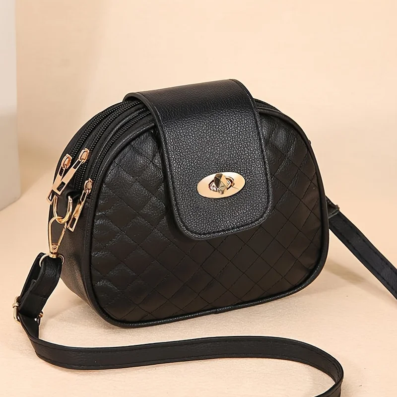 Small Quilted Crossbody Bag, Stylish PU Leather Shoulder Purse with Vintage Round Shape, Trendy Accent - Perfect for Daily Use