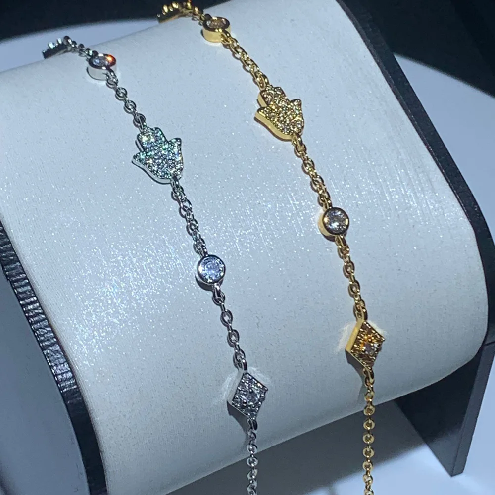 Lucky Turkish Jewelry Micro Paved CZ Evil Eye Hamsa Hand Charm Link Chain Fashion Women Bracelet