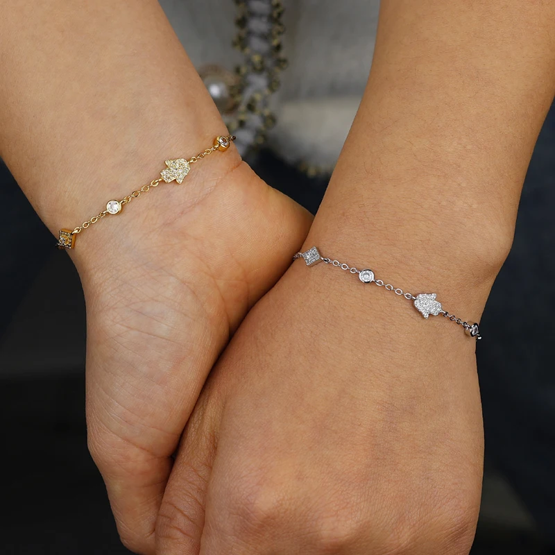 Lucky Turkish Jewelry Micro Paved CZ Evil Eye Hamsa Hand Charm Link Chain Fashion Women Bracelet