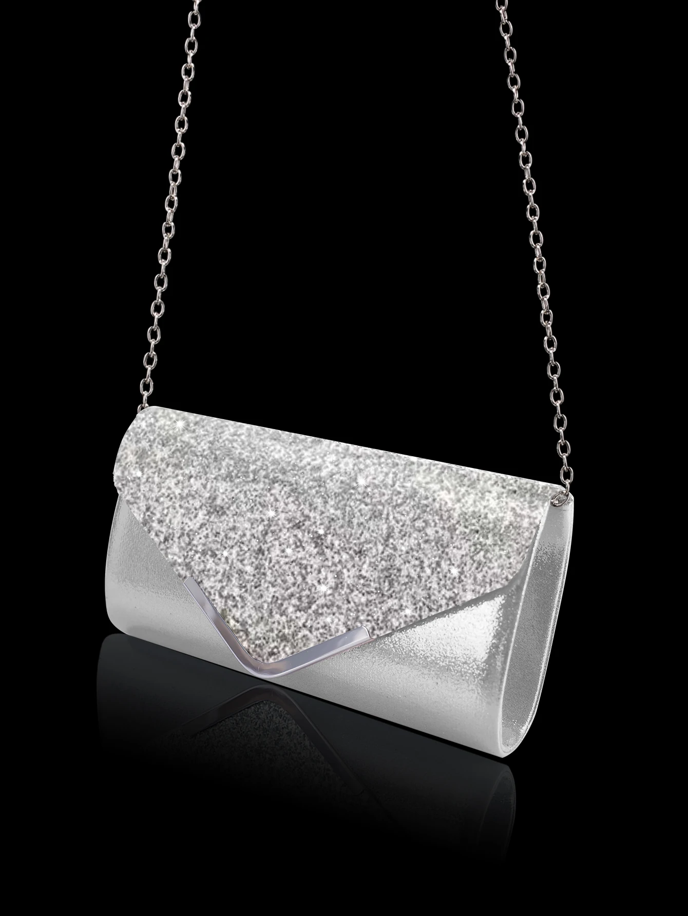 Sparkling and luxurious sequined evening clutch for women, paired with a gorgeous rhinestone necklace, earrings and bracelet set