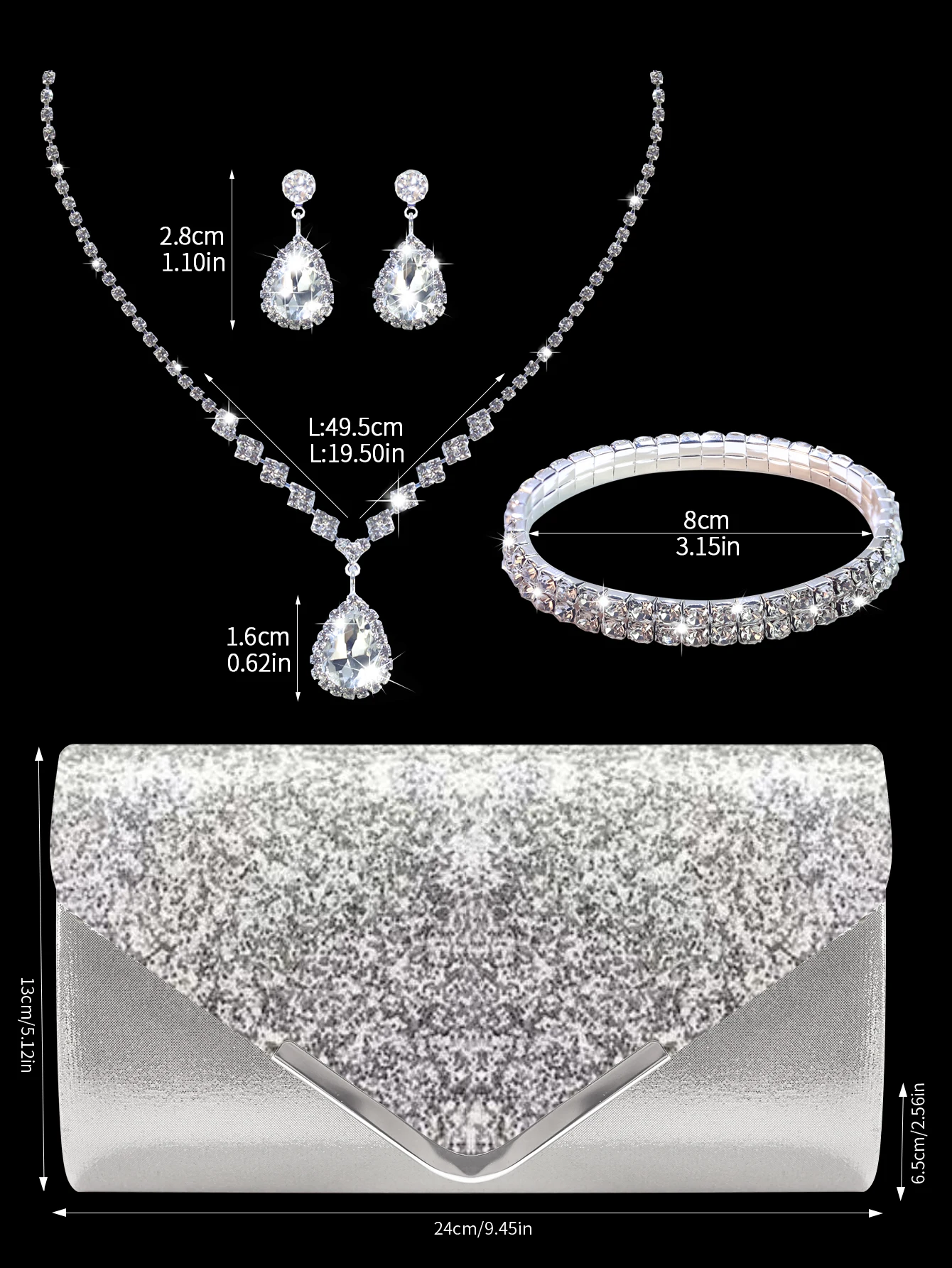 Sparkling and luxurious sequined evening clutch for women, paired with a gorgeous rhinestone necklace, earrings and bracelet set