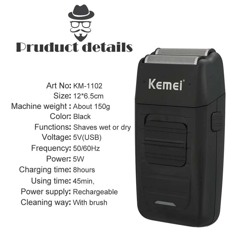 Kemei 1102 Electric Shaver Men Electric Razor Rechargeable Floating Beard Shaver Hair Trimmer Face Care Shaving Machine