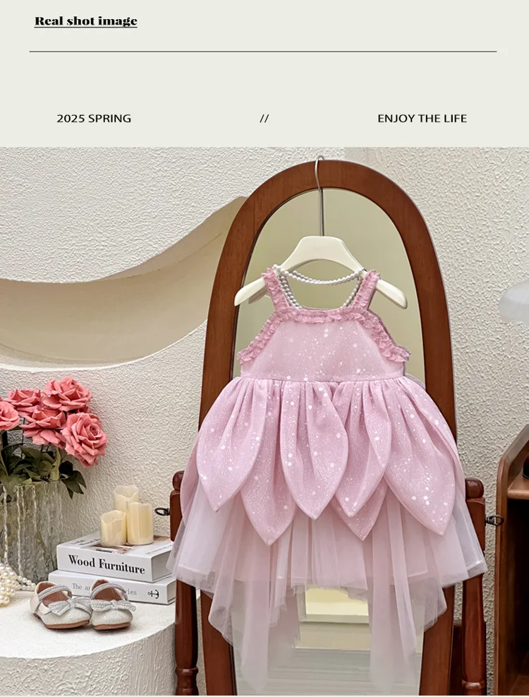 Girls Dress 2026 Summer New Flower Fairy Princess Strap Dress Super Fairy Children Birthday Princess Dress