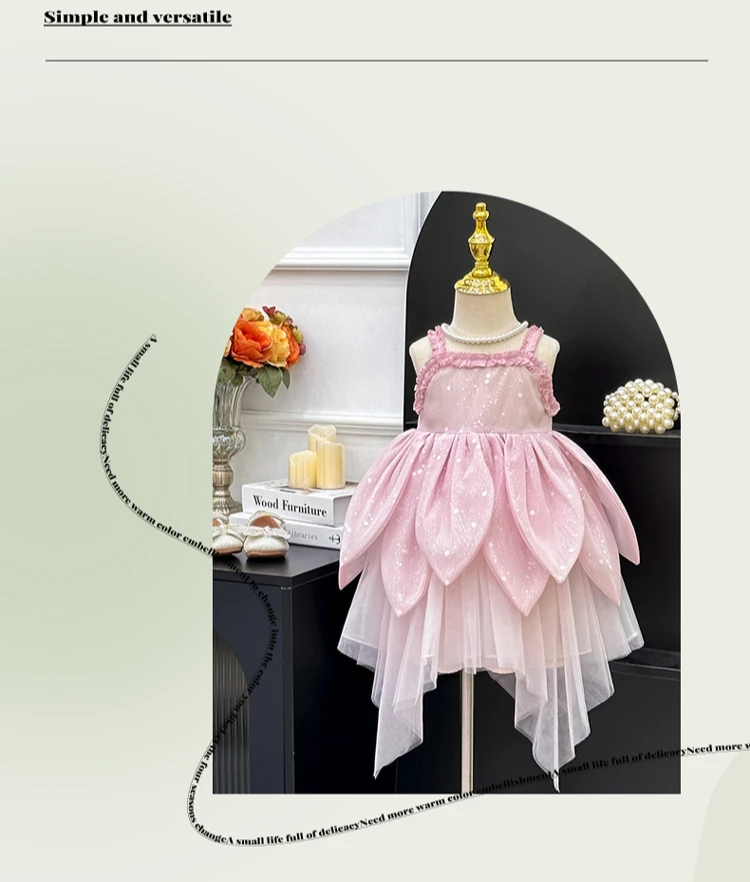 Girls Dress 2026 Summer New Flower Fairy Princess Strap Dress Super Fairy Children Birthday Princess Dress