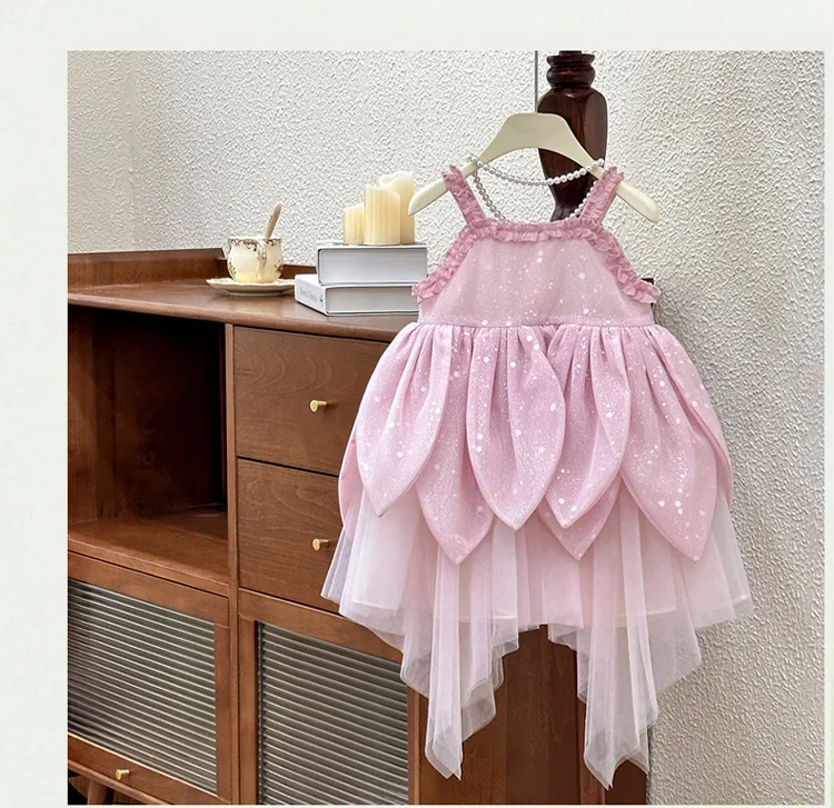 Girls Dress 2026 Summer New Flower Fairy Princess Strap Dress Super Fairy Children Birthday Princess Dress