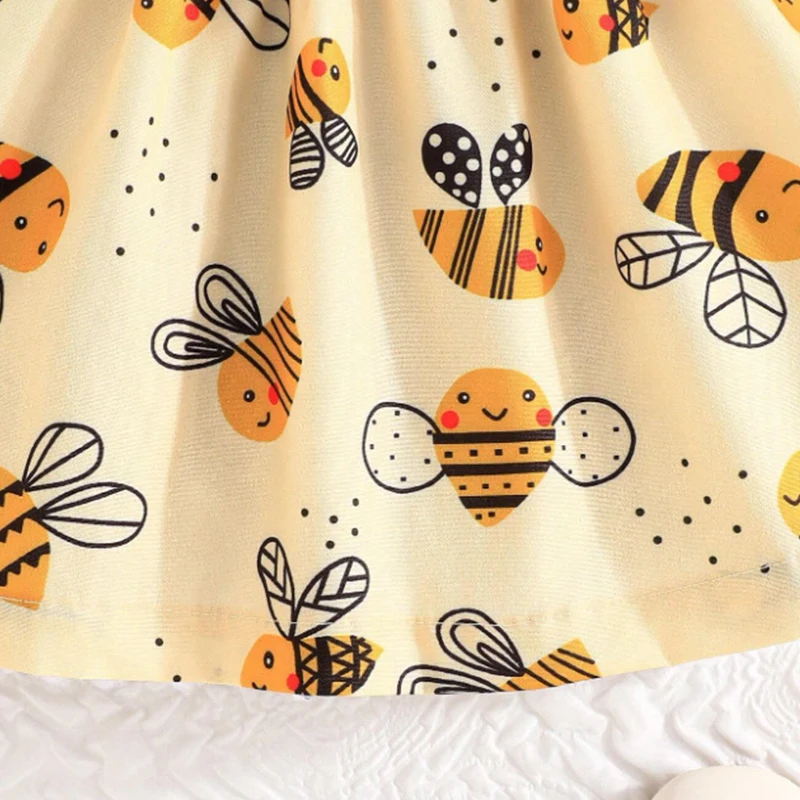 (0-3 Year Old Baby Girl Dress) Summer New Yellow Little Fly Sleeves Cute Bee Children'S Sleeveless Clothes+Bow Headband