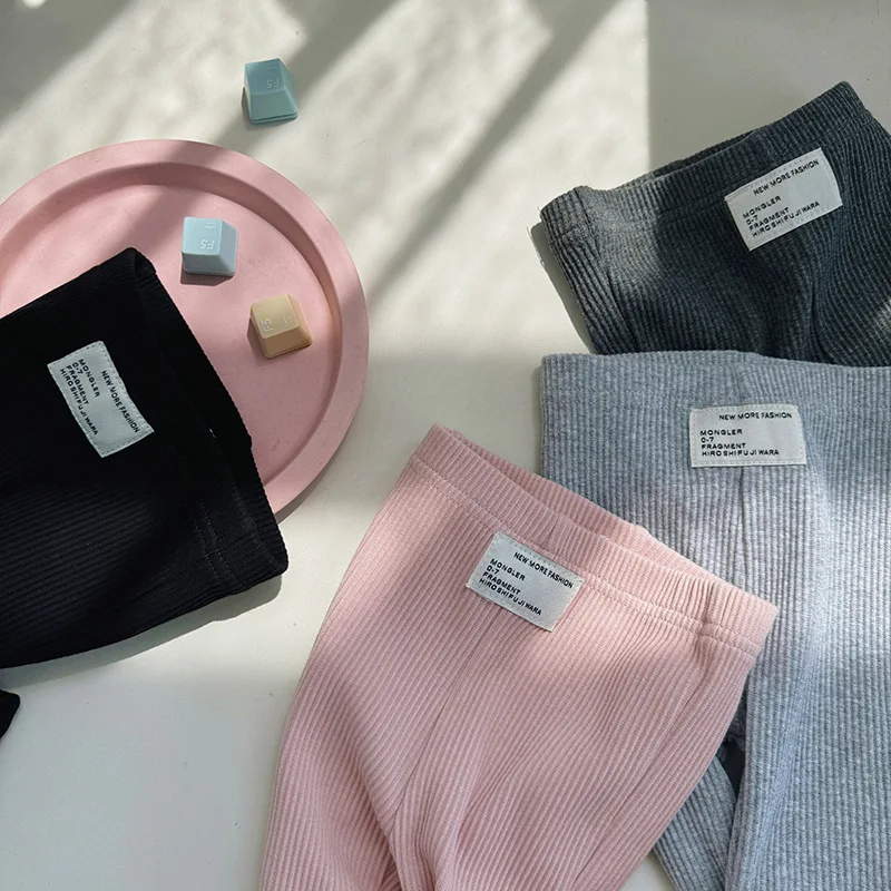 1-8 Y Girls Solid Elasticity Trousers Children's Summer Fit Leggins Flares Pants Kids casual Wearing Long Pant for Outdoor