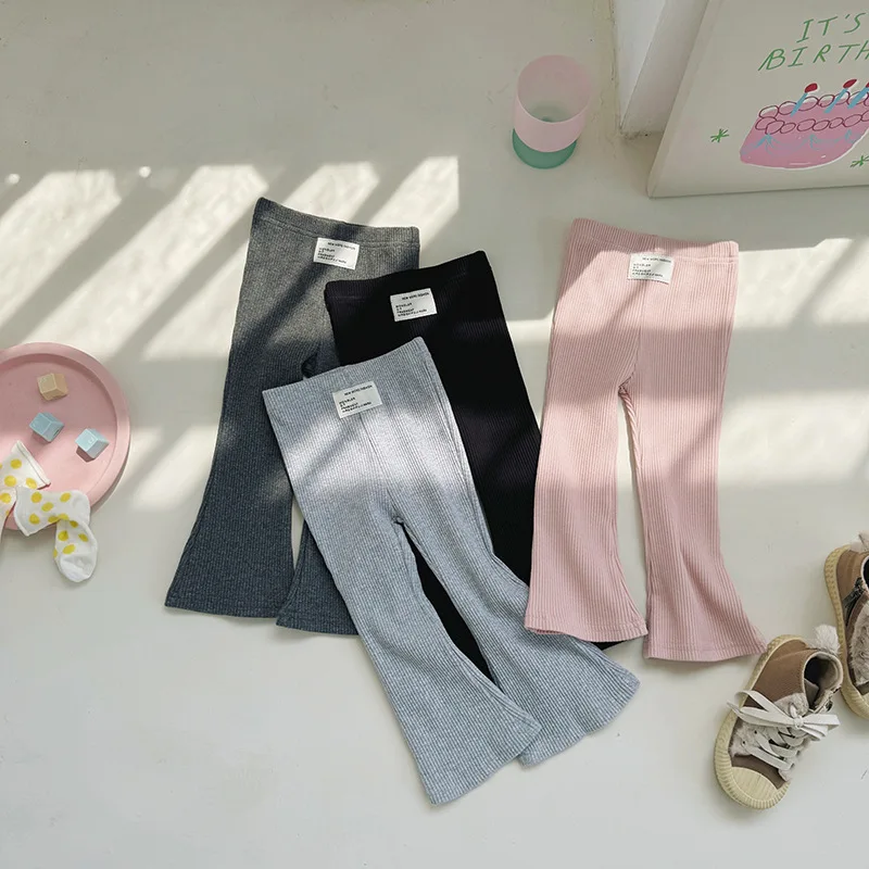 1-8 Y Girls Solid Elasticity Trousers Children's Summer Fit Leggins Flares Pants Kids casual Wearing Long Pant for Outdoor