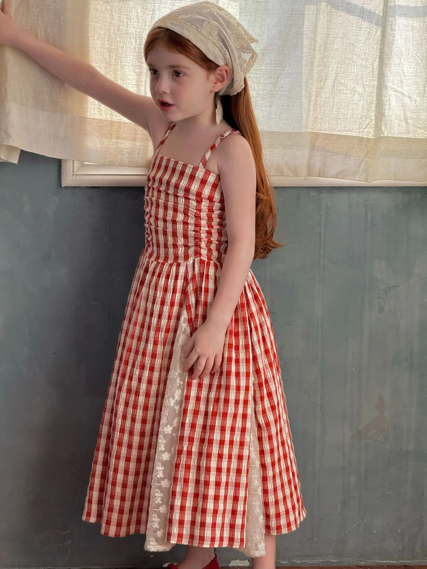 2026 Summer New Children Fairy Long Dress for Girls French Red Checkered Lace Splicing Lace Strap Dress