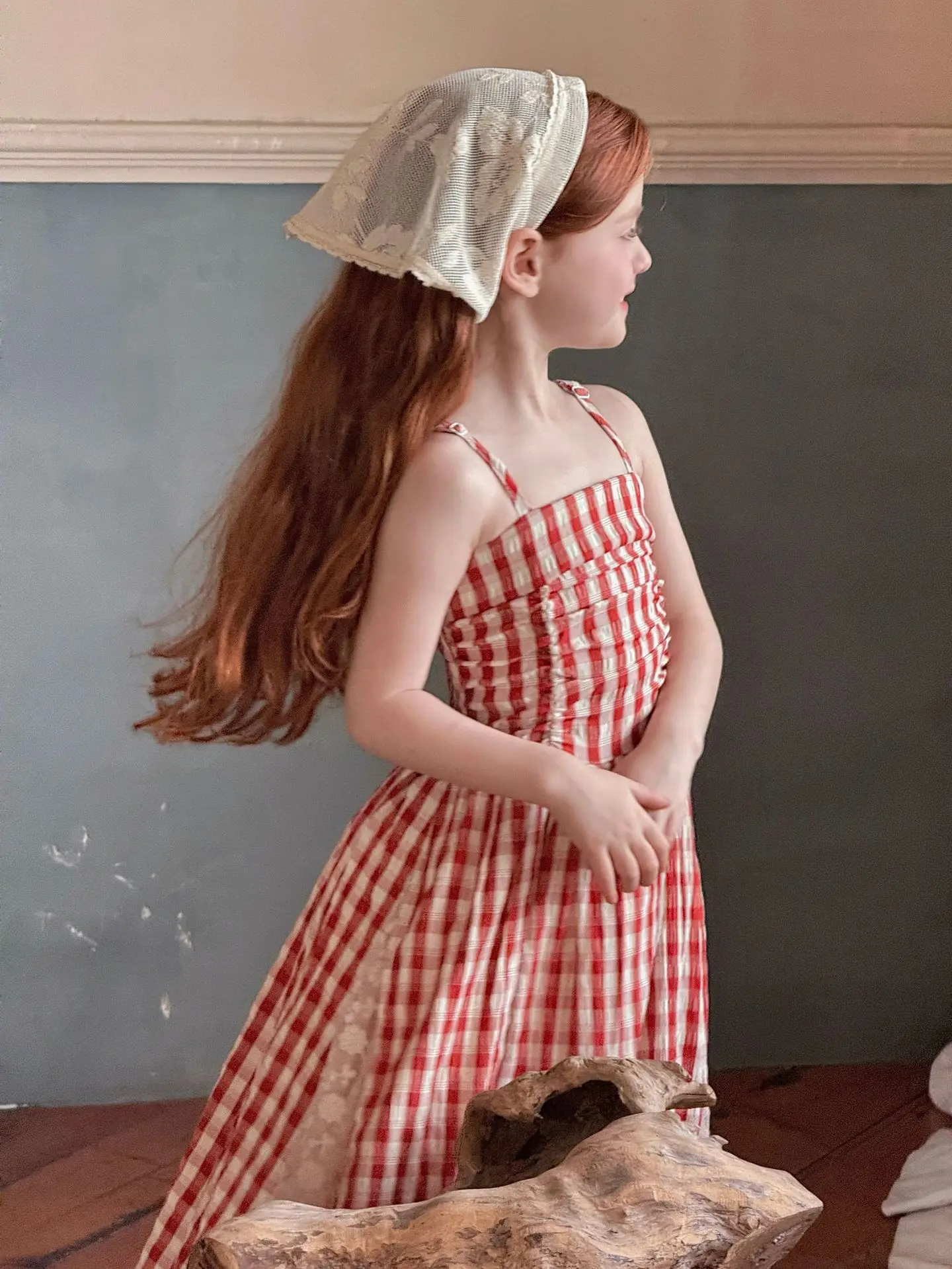 2026 Summer New Children Fairy Long Dress for Girls French Red Checkered Lace Splicing Lace Strap Dress