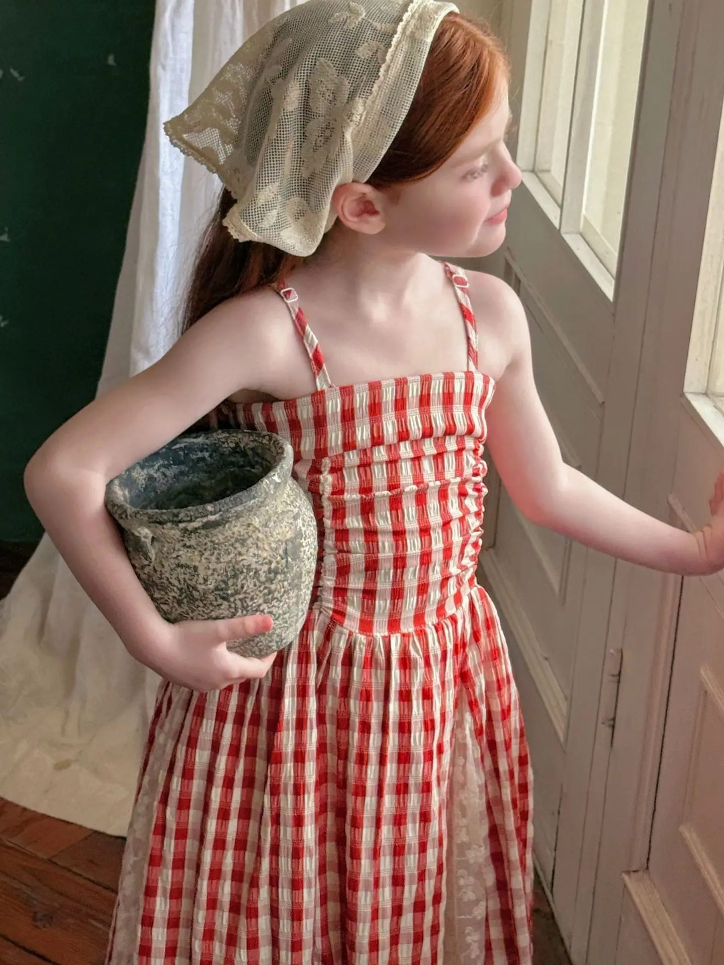 2026 Summer New Children Fairy Long Dress for Girls French Red Checkered Lace Splicing Lace Strap Dress