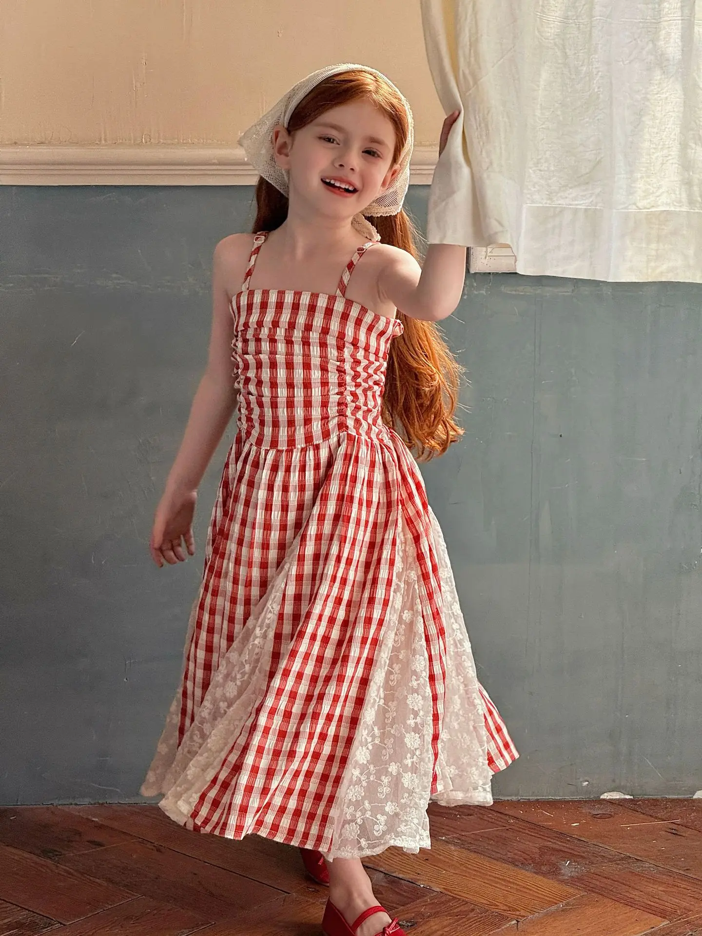 2026 Summer New Children Fairy Long Dress for Girls French Red Checkered Lace Splicing Lace Strap Dress
