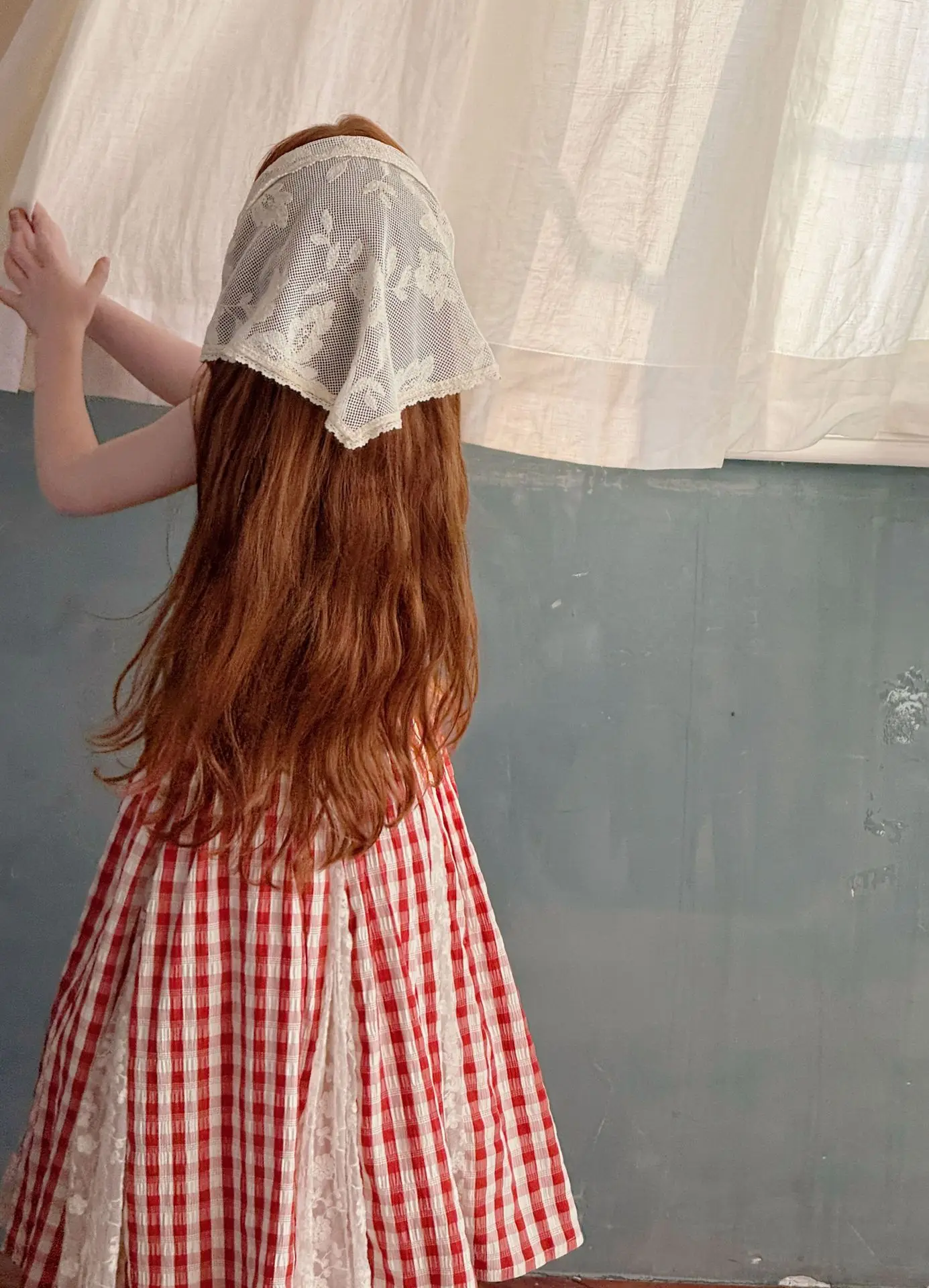 2026 Summer New Children Fairy Long Dress for Girls French Red Checkered Lace Splicing Lace Strap Dress