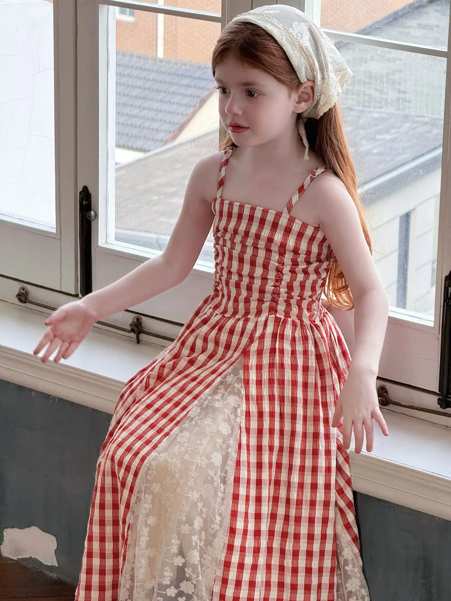 2026 Summer New Children Fairy Long Dress for Girls French Red Checkered Lace Splicing Lace Strap Dress