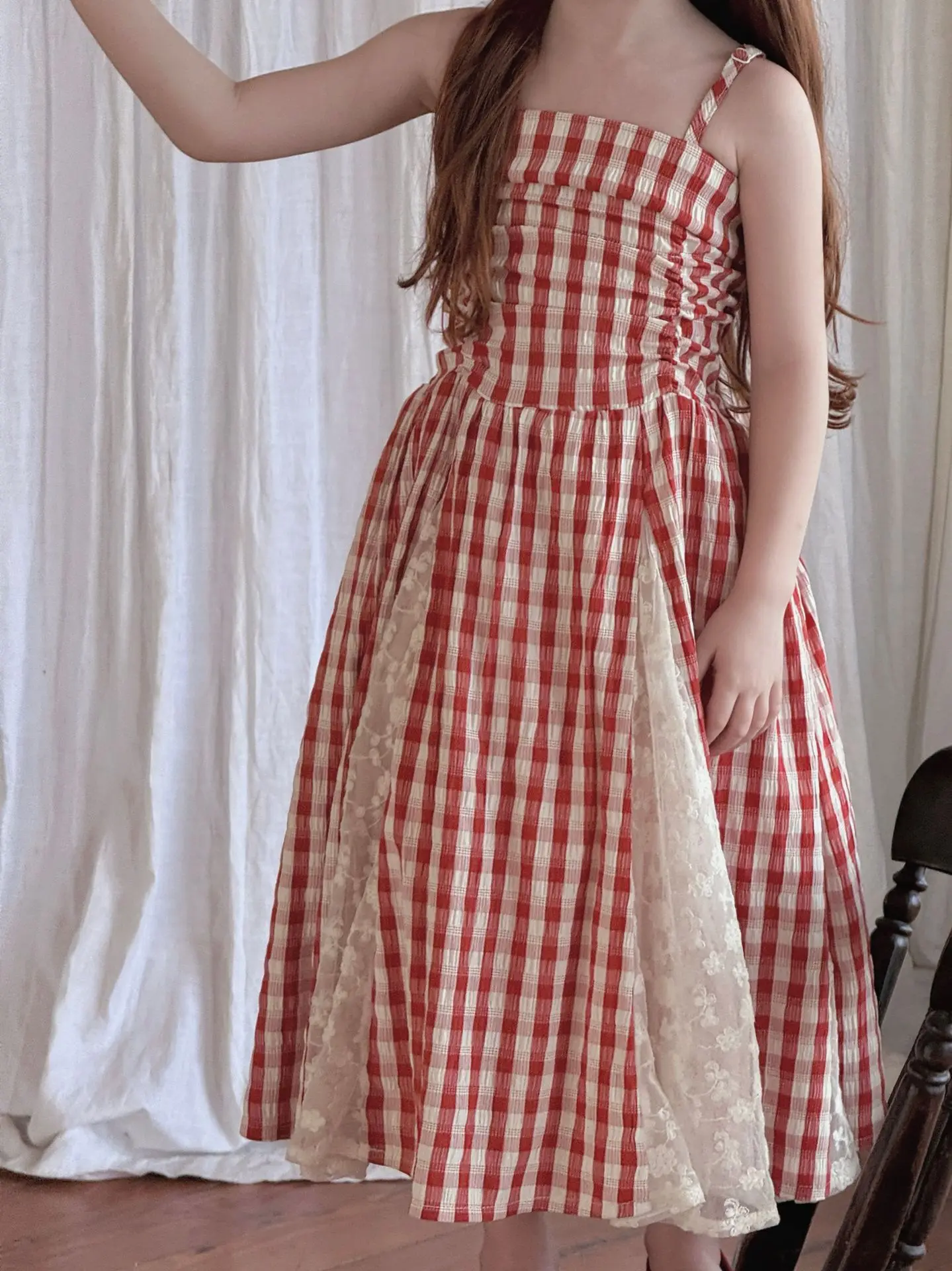 2026 Summer New Children Fairy Long Dress for Girls French Red Checkered Lace Splicing Lace Strap Dress