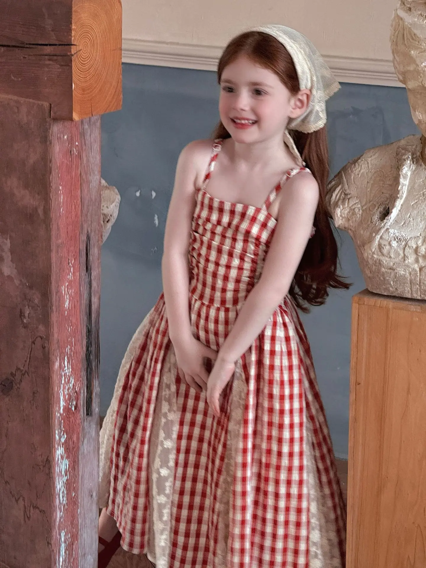 2026 Summer New Children Fairy Long Dress for Girls French Red Checkered Lace Splicing Lace Strap Dress