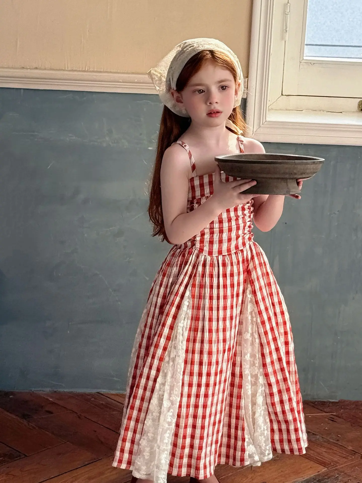 2026 Summer New Children Fairy Long Dress for Girls French Red Checkered Lace Splicing Lace Strap Dress