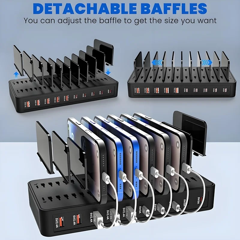 100W Multi-Functional Charger with 5 USB and 5 Type-C Ports Built-in Stand Compatible with Phone Tablet for Home Office Travel