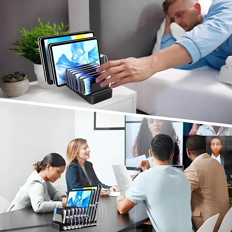 100W Multi-Functional Charger with 5 USB and 5 Type-C Ports Built-in Stand Compatible with Phone Tablet for Home Office Travel
