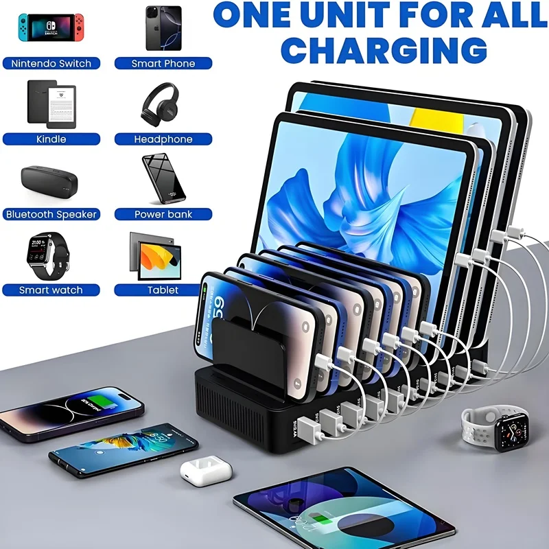 100W Multi-Functional Charger with 5 USB and 5 Type-C Ports Built-in Stand Compatible with Phone Tablet for Home Office Travel