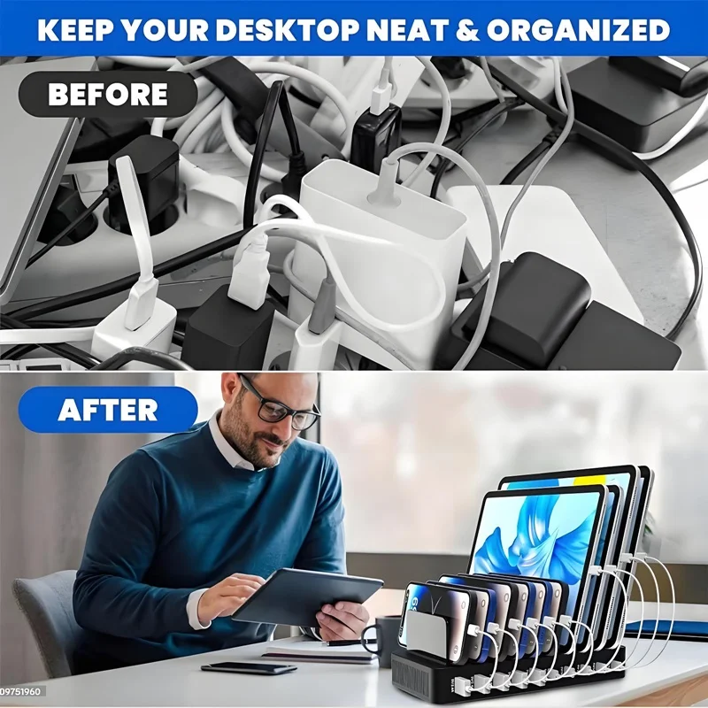 100W Multi-Functional Charger with 5 USB and 5 Type-C Ports Built-in Stand Compatible with Phone Tablet for Home Office Travel