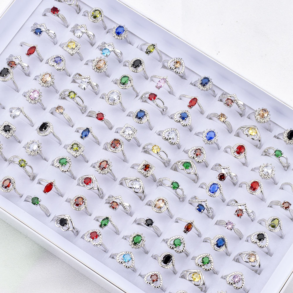 25Pcs/Lot Fashion Luxury Colorful Rhinestone Rings For Women Mix Style Engagement Wedding Jewelry Party Gifts Wholesale