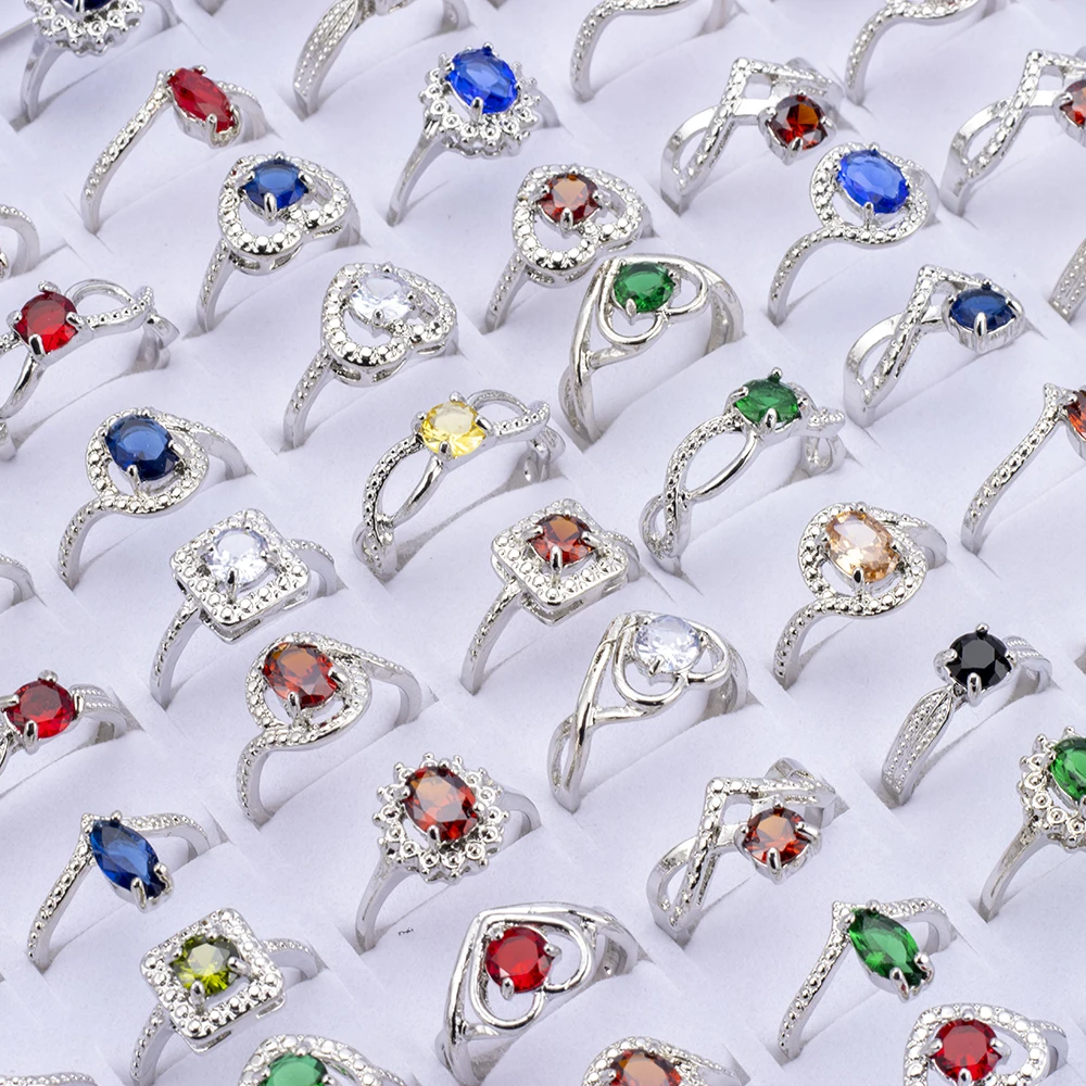 25Pcs/Lot Fashion Luxury Colorful Rhinestone Rings For Women Mix Style Engagement Wedding Jewelry Party Gifts Wholesale