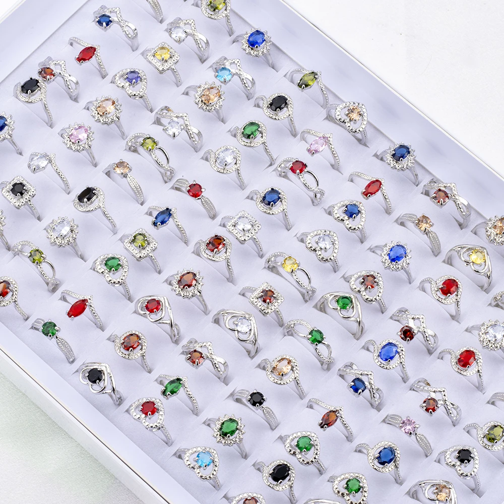 25Pcs/Lot Fashion Luxury Colorful Rhinestone Rings For Women Mix Style Engagement Wedding Jewelry Party Gifts Wholesale