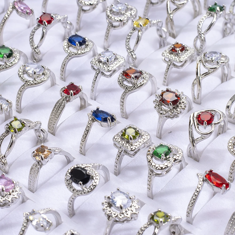 25Pcs/Lot Fashion Luxury Colorful Rhinestone Rings For Women Mix Style Engagement Wedding Jewelry Party Gifts Wholesale