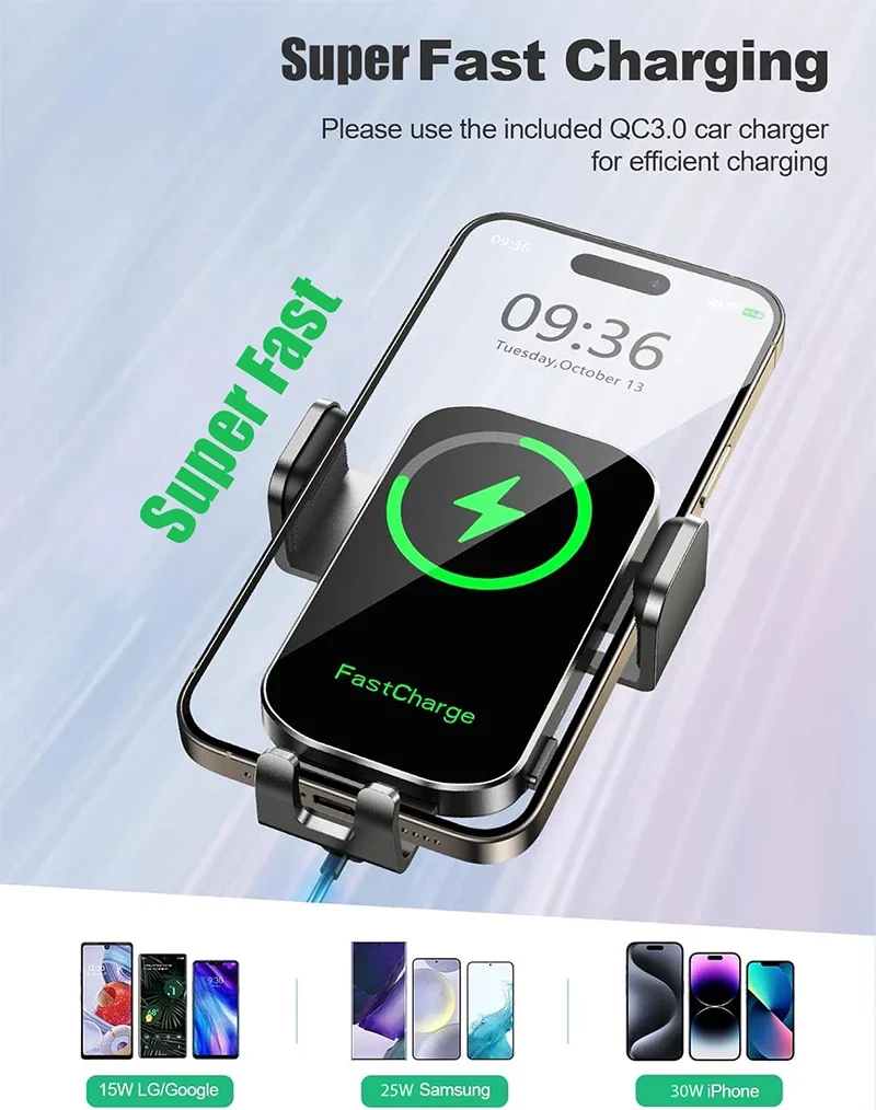 UYUXIO Auto Clamping Wireless Car Charger with LED Light 66W Fast Charging Air Vent Car Phone Holder for iPhone 16 15 14 Pro Max