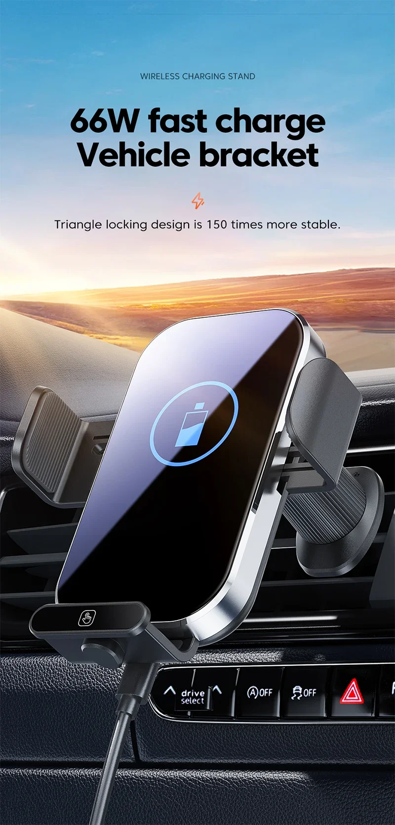 UYUXIO Auto Clamping Wireless Car Charger with LED Light 66W Fast Charging Air Vent Car Phone Holder for iPhone 16 15 14 Pro Max