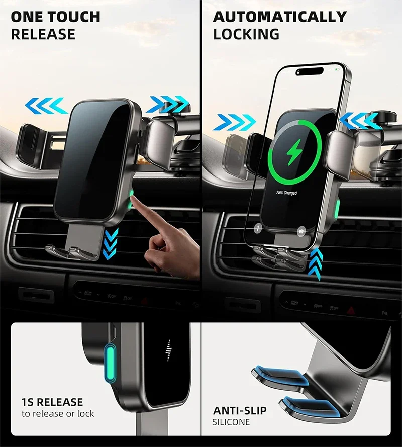 UYUXIO Auto Clamping Wireless Car Charger with LED Light 66W Fast Charging Air Vent Car Phone Holder for iPhone 16 15 14 Pro Max