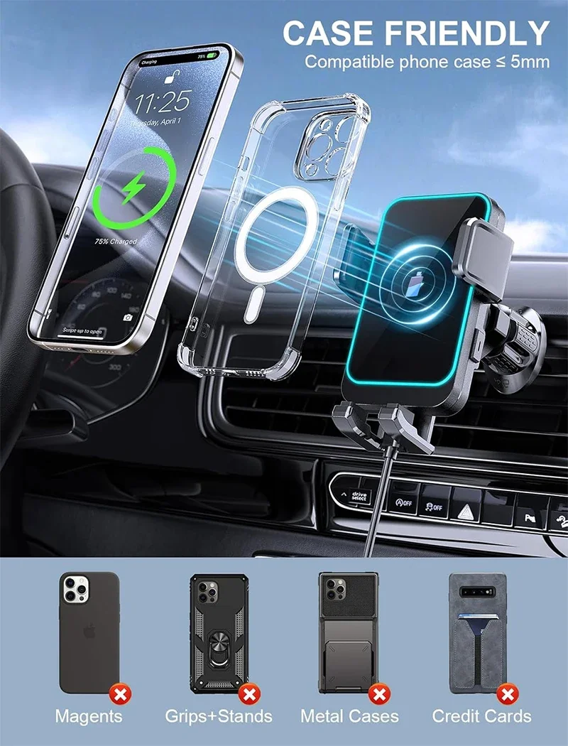 UYUXIO Auto Clamping Wireless Car Charger with LED Light 66W Fast Charging Air Vent Car Phone Holder for iPhone 16 15 14 Pro Max