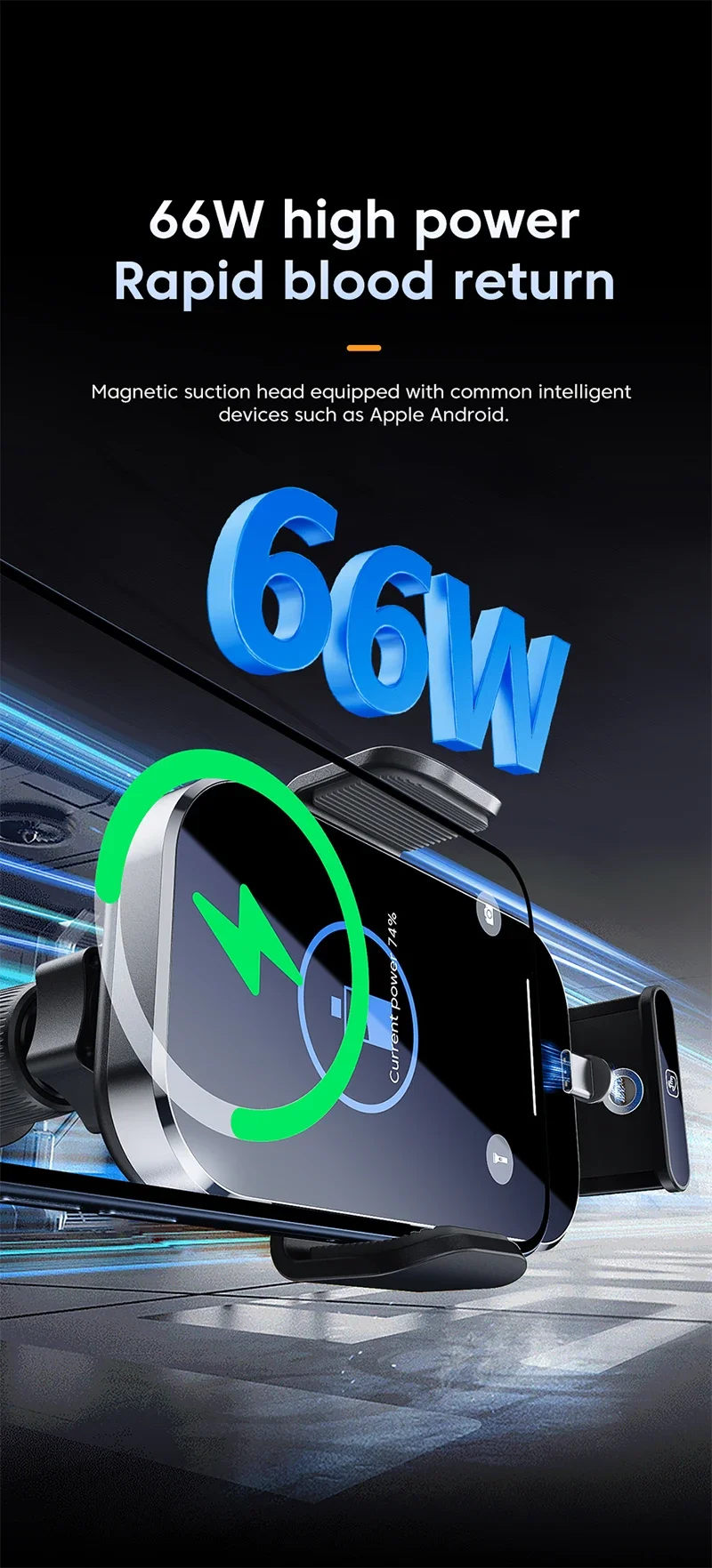 UYUXIO Auto Clamping Wireless Car Charger with LED Light 66W Fast Charging Air Vent Car Phone Holder for iPhone 16 15 14 Pro Max