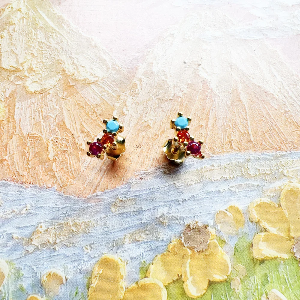 Gold Plated Ear Studs Colourful Stones Europe Bohemia Jewerly For Women New Gift In 925 Sterling Silver