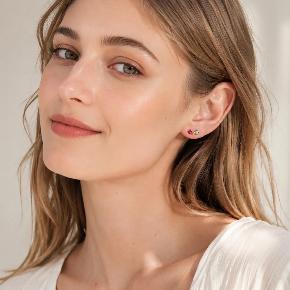 Gold Plated Ear Studs Colourful Stones Europe Bohemia Jewerly For Women New Gift In 925 Sterling Silver