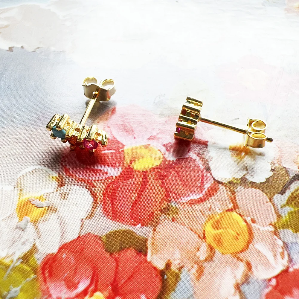 Gold Plated Ear Studs Colourful Stones Europe Bohemia Jewerly For Women New Gift In 925 Sterling Silver