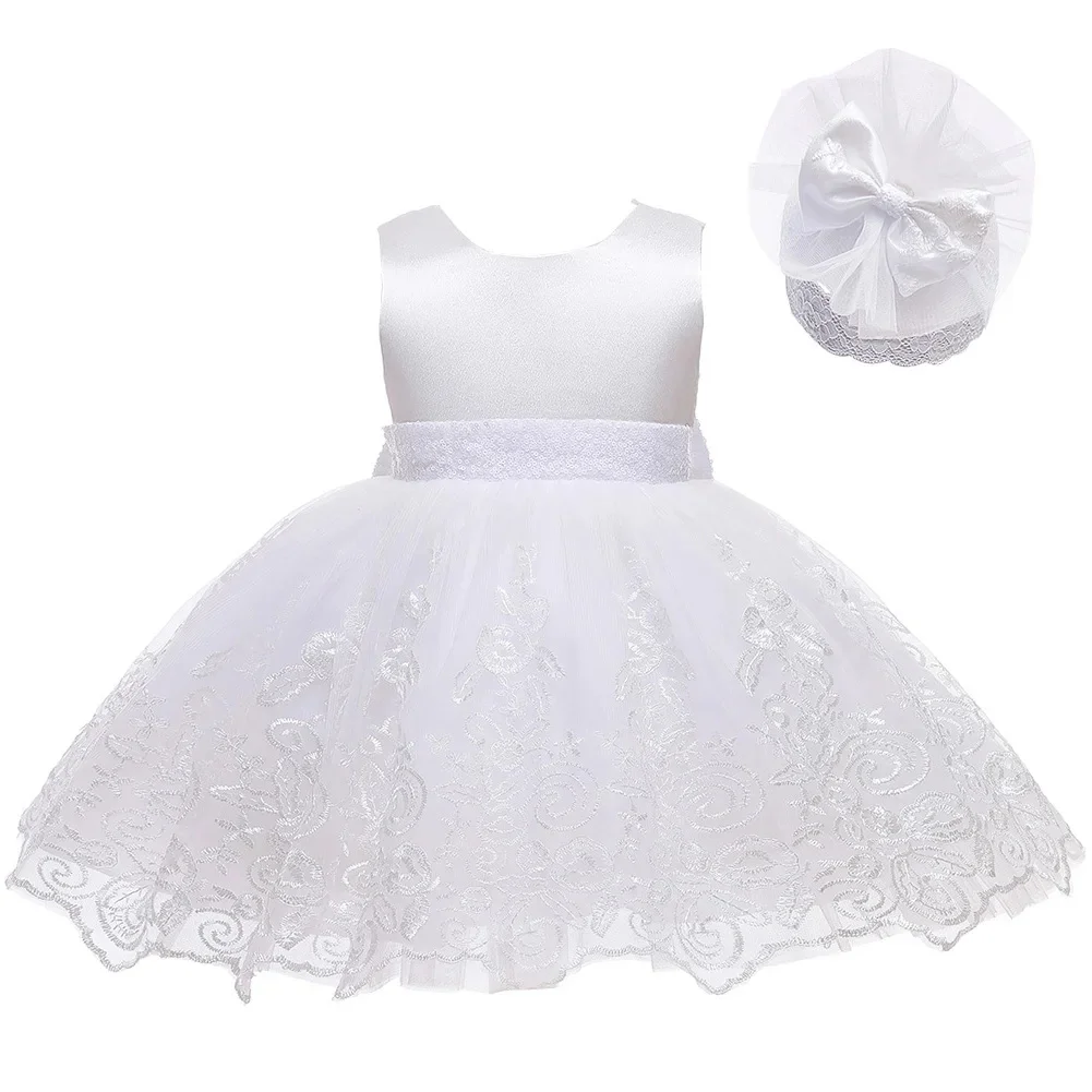 Toddler Girls Lace Bow Dress Backless Princess Dress+Headband Elegant Baby 1st Birthday Party Baptism Infant Wedding Prom Gown