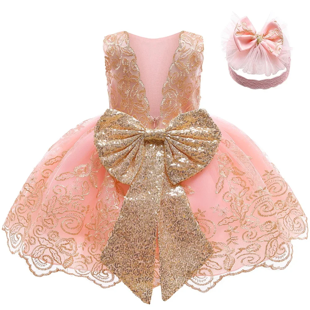 Toddler Girls Lace Bow Dress Backless Princess Dress+Headband Elegant Baby 1st Birthday Party Baptism Infant Wedding Prom Gown
