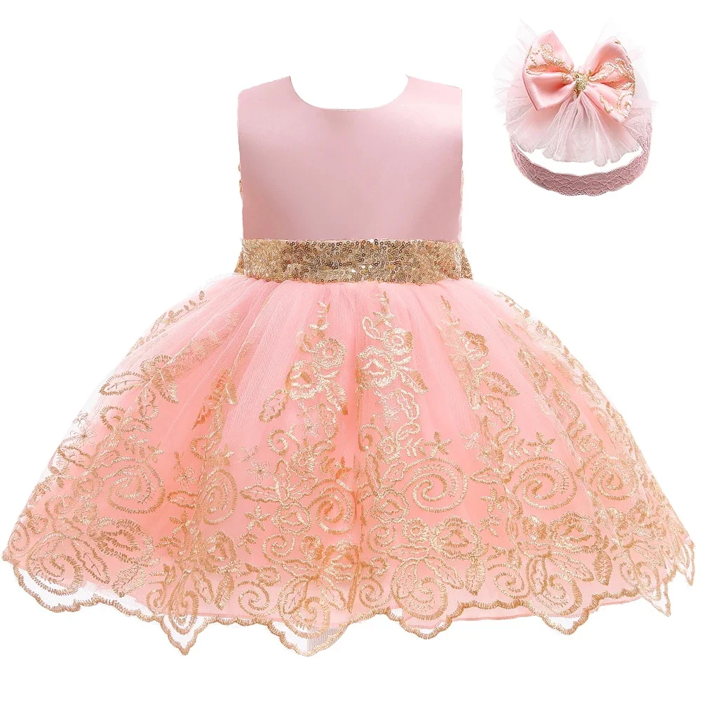 Toddler Girls Lace Bow Dress Backless Princess Dress+Headband Elegant Baby 1st Birthday Party Baptism Infant Wedding Prom Gown