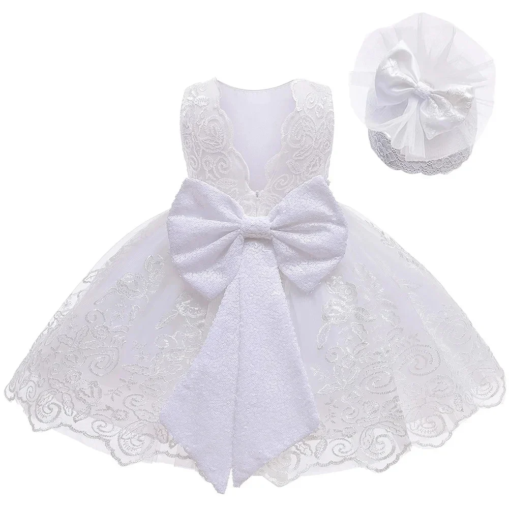 Toddler Girls Lace Bow Dress Backless Princess Dress+Headband Elegant Baby 1st Birthday Party Baptism Infant Wedding Prom Gown