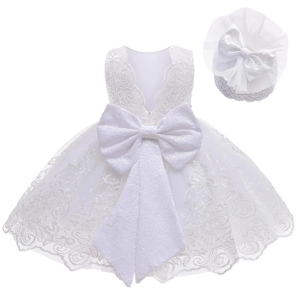 Toddler Girls Lace Bow Dress Backless Princess Dress+Headband Elegant Baby 1st Birthday Party Baptism Infant Wedding Prom Gown