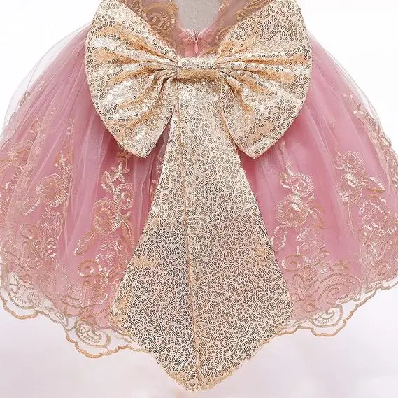 Toddler Girls Lace Bow Dress Backless Princess Dress+Headband Elegant Baby 1st Birthday Party Baptism Infant Wedding Prom Gown