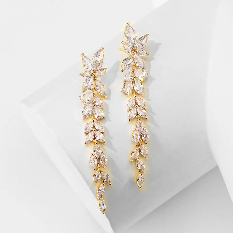 ZAKOL Water Drop Zircon Leaf Shape Bridal Wedding Dangle Earrings For Women Temperament Elegant Party Gift Jewelry Accessories