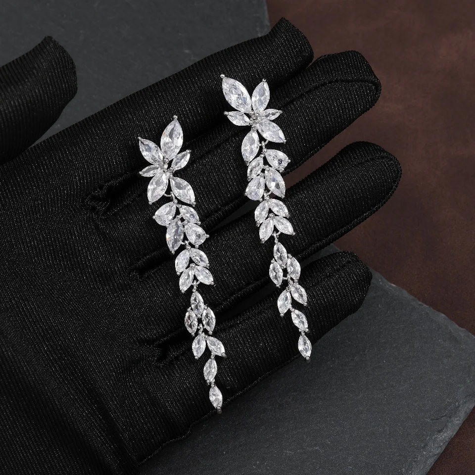ZAKOL Water Drop Zircon Leaf Shape Bridal Wedding Dangle Earrings For Women Temperament Elegant Party Gift Jewelry Accessories