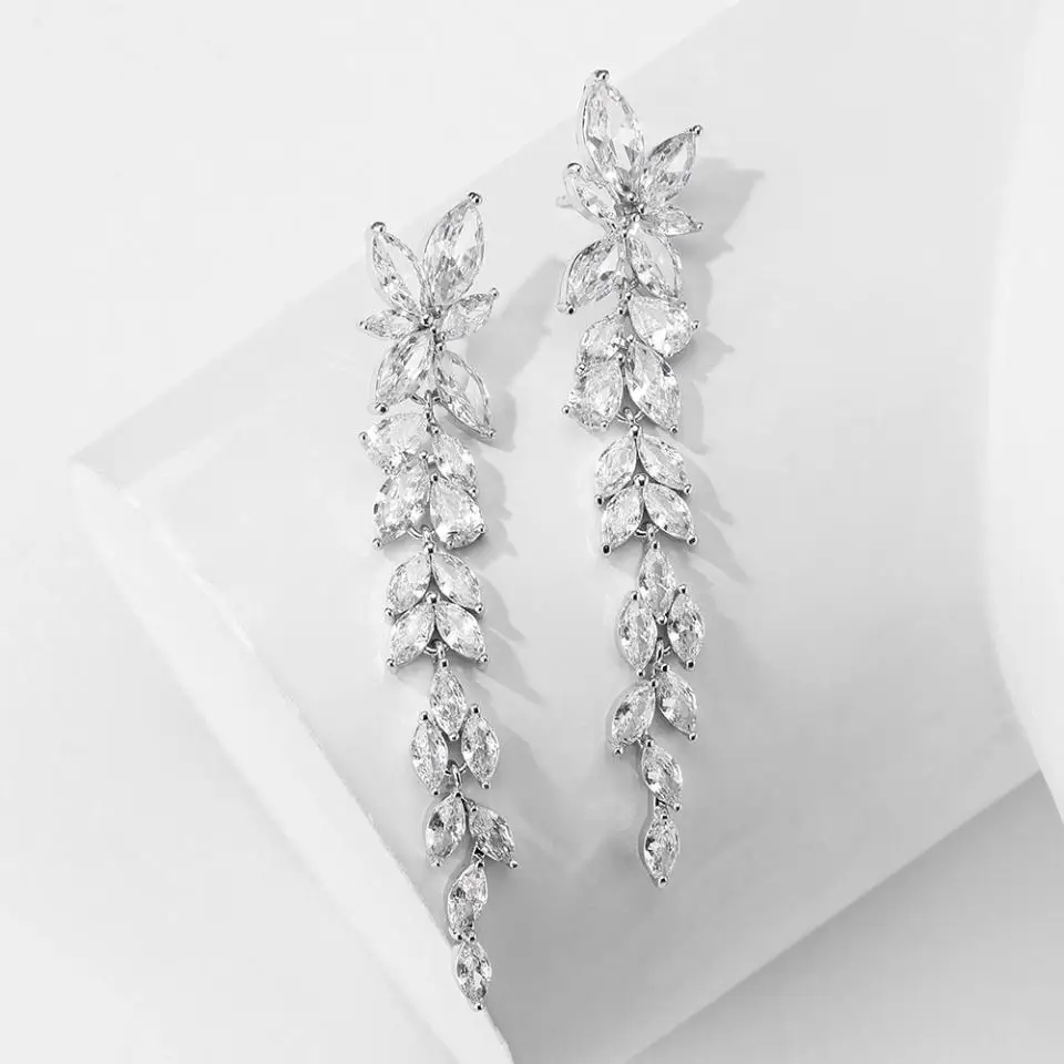 ZAKOL Water Drop Zircon Leaf Shape Bridal Wedding Dangle Earrings For Women Temperament Elegant Party Gift Jewelry Accessories
