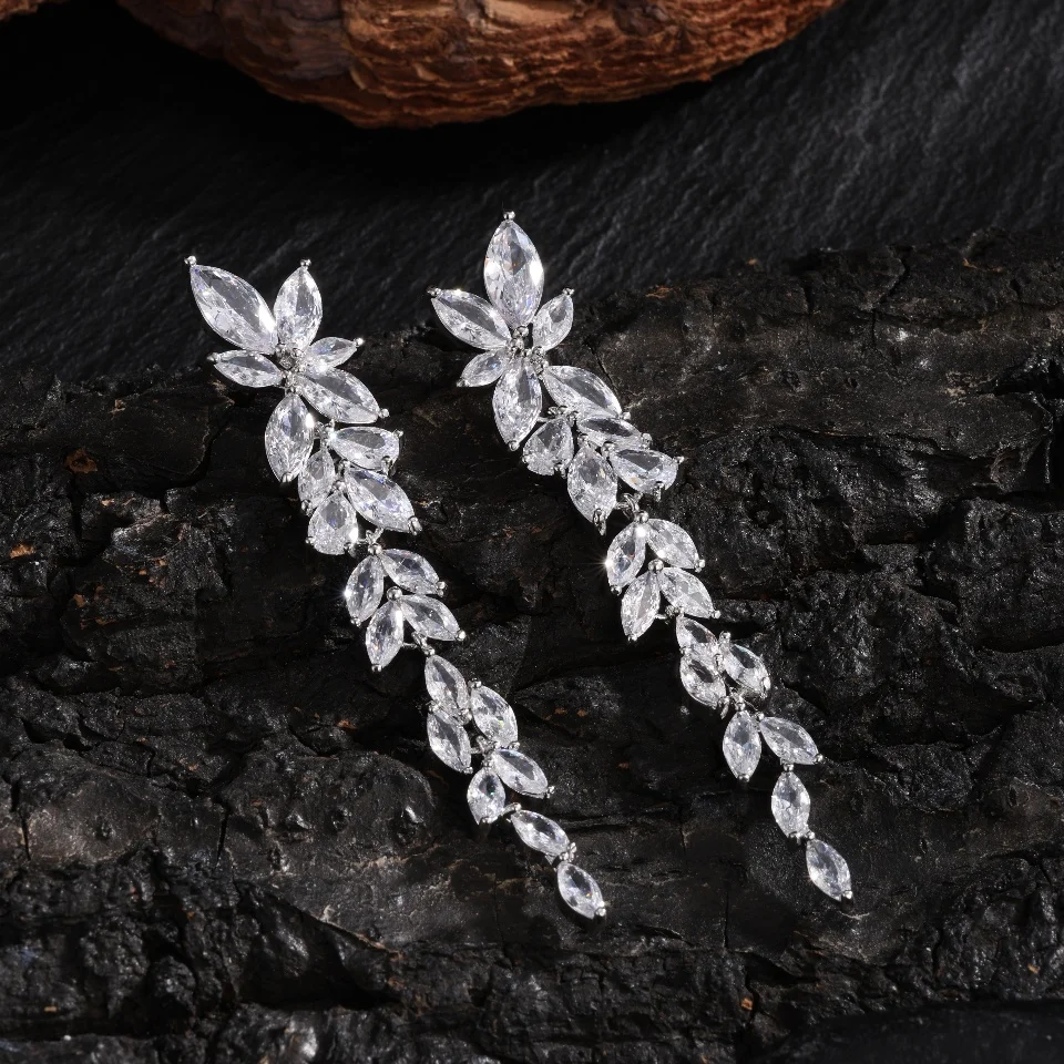 ZAKOL Water Drop Zircon Leaf Shape Bridal Wedding Dangle Earrings For Women Temperament Elegant Party Gift Jewelry Accessories